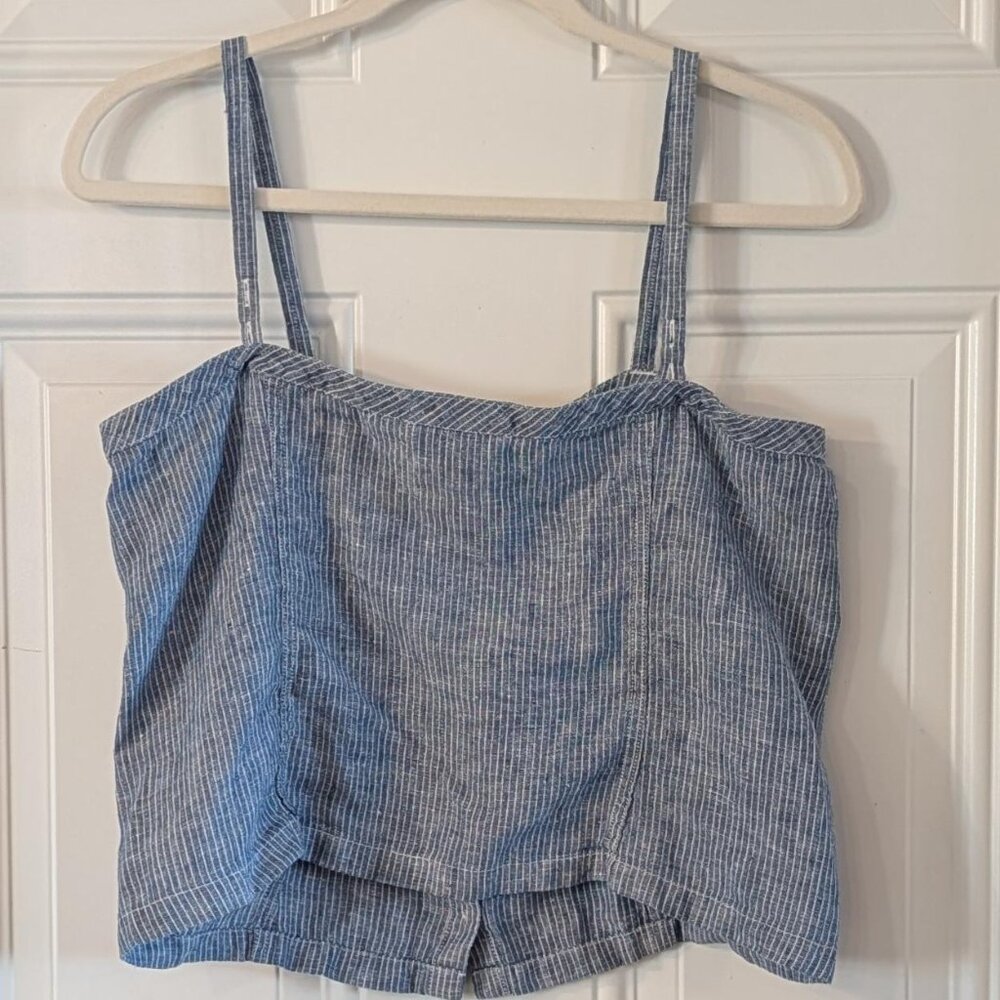 Everlane Linen Crop Tank Blue Stripe Button Front Adjustable Strap Size 4 - Picture 3 of 7